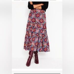 Boden Viv Cord Tiered Maxi Skirt in a "Cosmic Meadow" floral print.